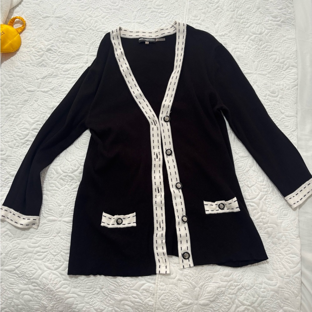 Karl Lagerfeld Black Cardigan with White Trim